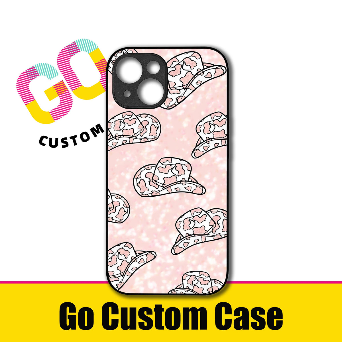 Cow Print Pink Glitter Cowboy Hat Phone Case - Customizable for iPhone 15/14/Samsung S24 | Western Aesthetic Protective Cover (482903)