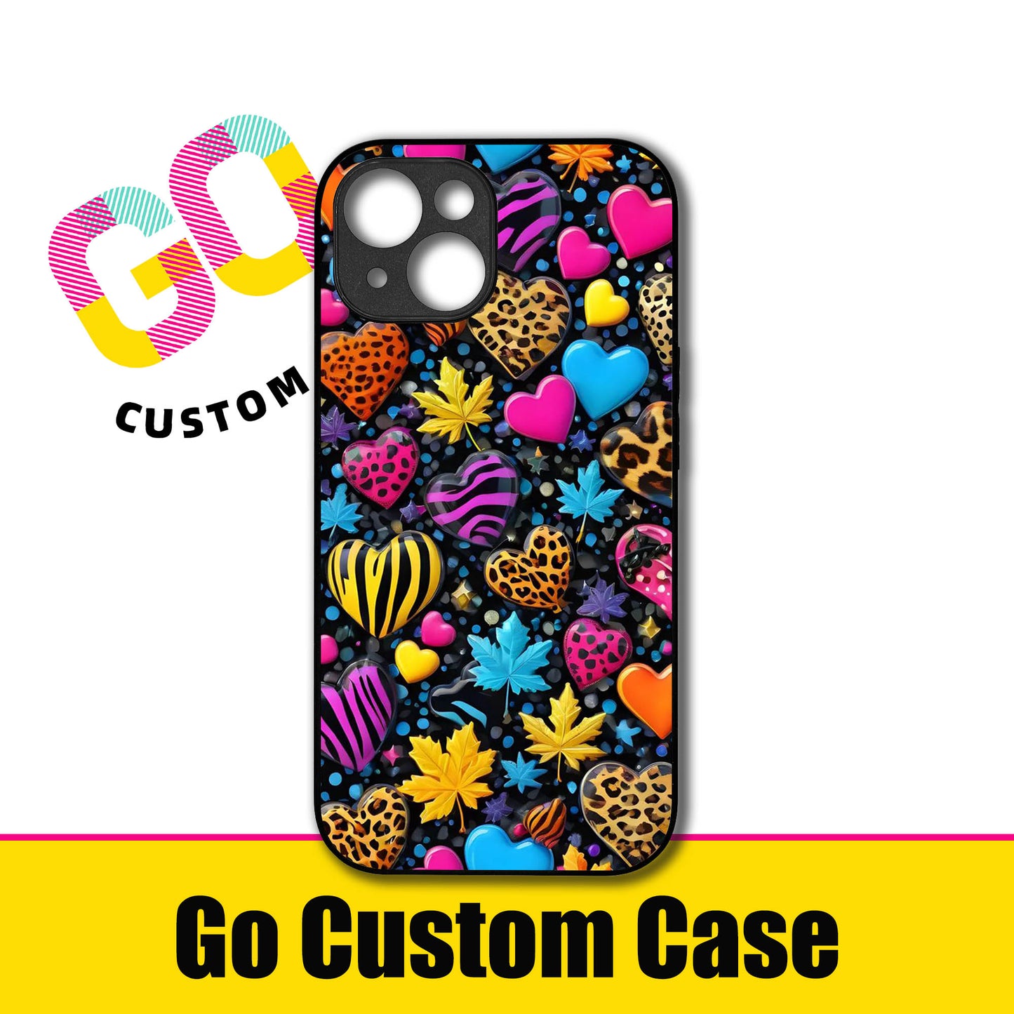 3D Animal Print Hearts & Autumn Leaves Phone Case - Customizable for iPhone 17/16/15/14/13/12/11/Samsung S25/24/23 | Bold Retro Protective Cover (480103)