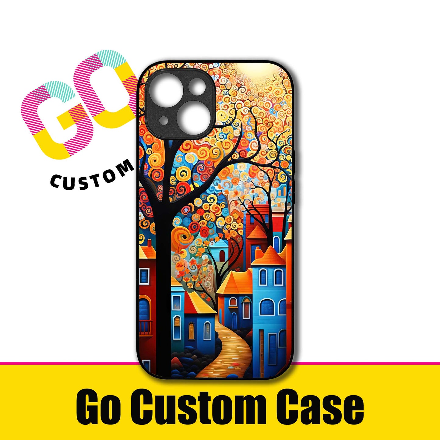 Whimsical Swirl Autumn Town Art Phone Case - Customizable for iPhone 17/16/15/14/13/12/11/Samsung S25/24/23 | Folk Art Protective Cover (480708)